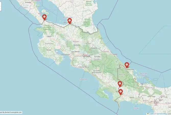 Visual guide to Costa Rica terrestrial border crossings and frontier checkpoints