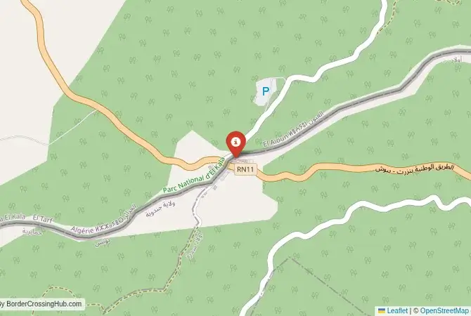 Close-up map showing a border crossing point with marker at the selected land port of entry between Algeria and Tunisia