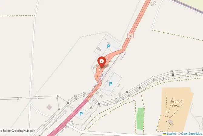 Close-up map showing a border crossing point with marker at the selected land port of entry between Iraq and Kuwait