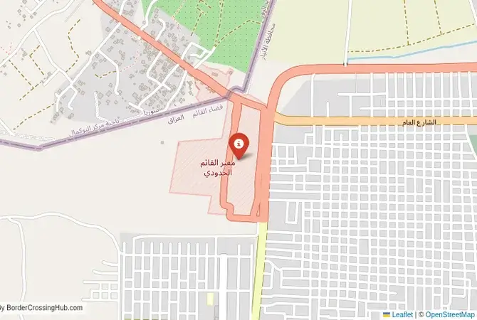 Close-up map showing a border crossing point with marker at the selected land port of entry between Iraq and Syria