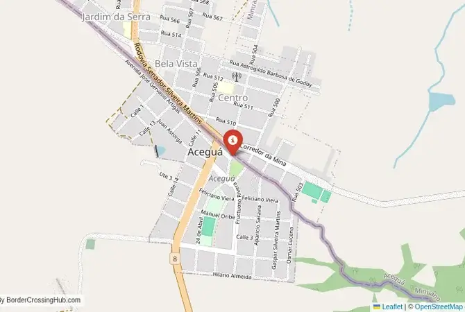 Close-up map showing a border crossing point with marker at the selected land port of entry between Brazil and Uruguay