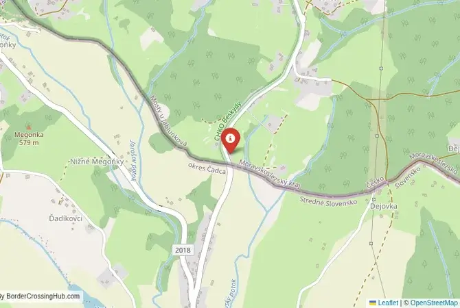 Close-up map showing a border crossing point with marker at the selected land port of entry between Czech Republic and Slovakia