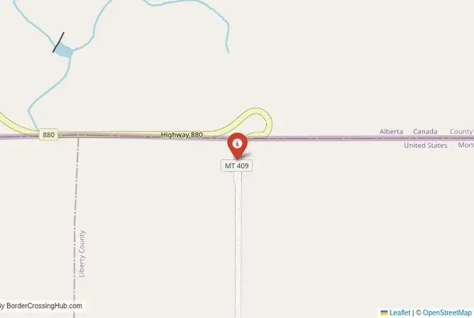 Close-up map showing a border crossing point with marker at the selected land port of entry between United States and Canada