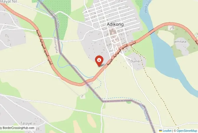 Close-up map showing a border crossing point with marker at the selected land port of entry between Sudan and Chad