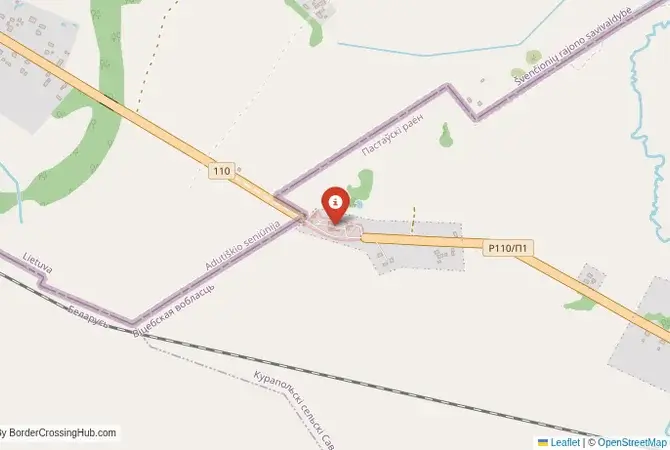 Close-up map showing a border crossing point with marker at the selected land port of entry between Belarus and Lithuania