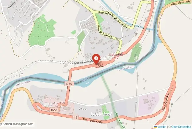 Close-up map showing a border crossing point with marker at the selected land port of entry between Armenia and Iran