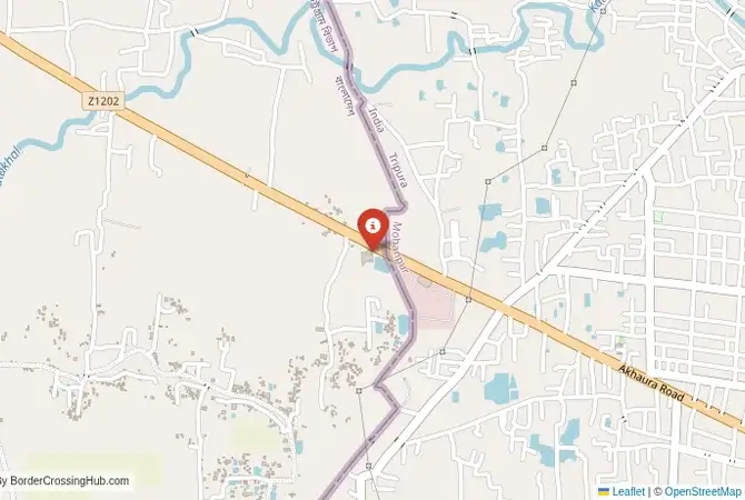 Close-up map showing a border crossing point with marker at the selected land port of entry between Bangladesh and India