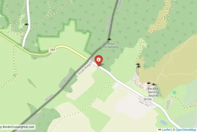 Close-up map showing a border crossing point with marker at the selected land port of entry between Slovakia and Hungary