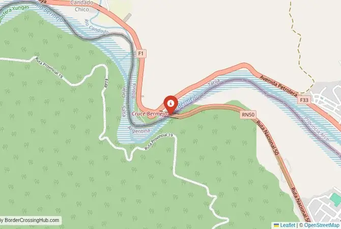 Close-up map showing a border crossing point with marker at the selected land port of entry between Argentina and Bolívia