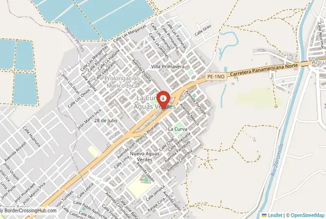 Close-up map showing a border crossing point with marker at the selected land port of entry between Ecuador and Peru