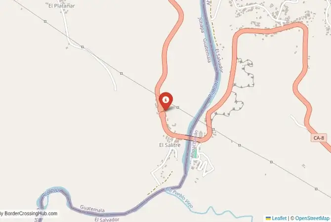 Close-up map showing a border crossing point with marker at the selected land port of entry between Guatemala and El Salvador