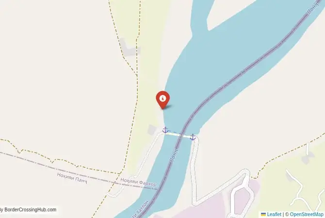 Close-up map showing a border crossing point with marker at the selected land port of entry between Tajikistan and Afghanistan