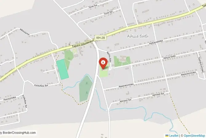 Close-up map showing a border crossing point with marker at the selected land port of entry between Kyrgyzstan and Kazakhstan