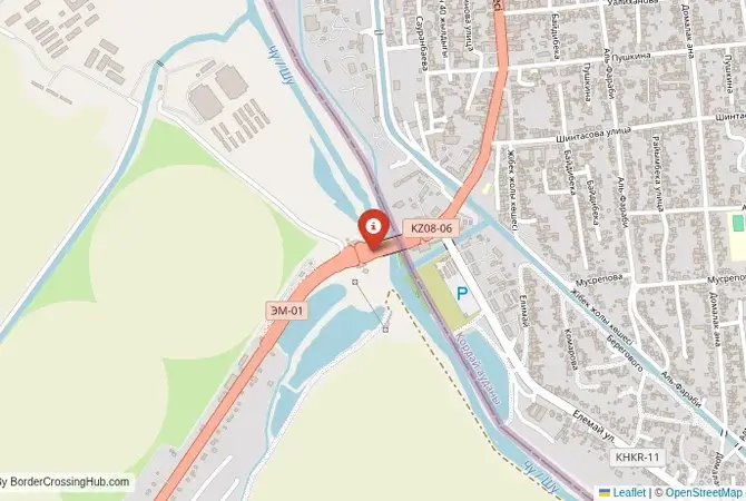 Close-up map showing a border crossing point with marker at the selected land port of entry between Kyrgyzstan and Kazakhstan