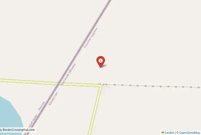 Close-up map showing a border crossing point with marker at the selected land port of entry between Kazakhstan and Russia
