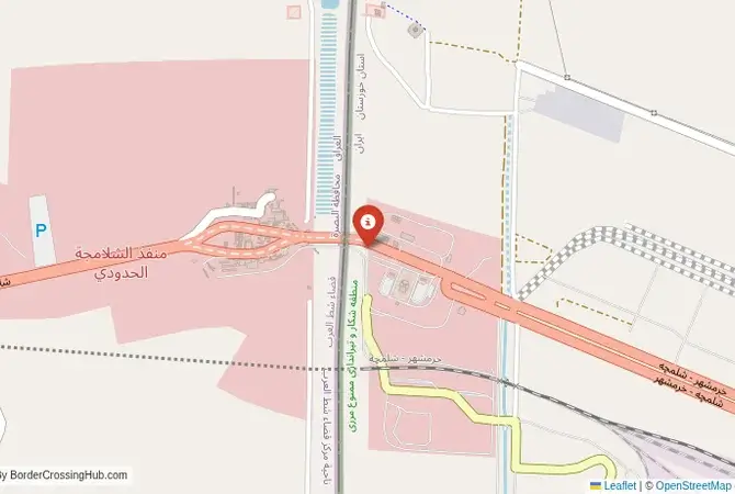 Close-up map showing a border crossing point with marker at the selected land port of entry between Iran and Iraq