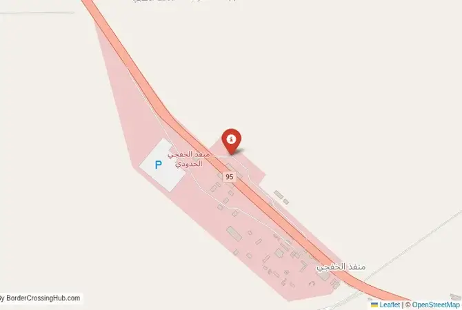 Close-up map showing a border crossing point with marker at the selected land port of entry between Saudi Arabia and Kuwait