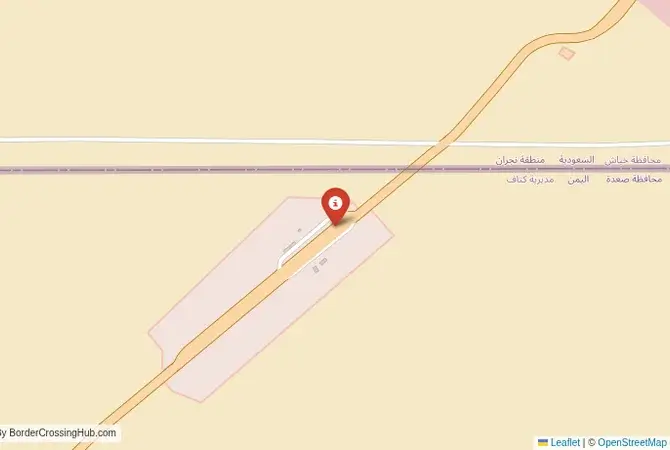 Close-up map showing a border crossing point with marker at the selected land port of entry between Yemen and Saudi Arabia