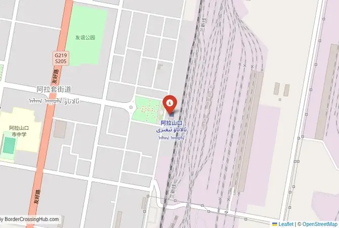 Close-up map showing a border crossing point with marker at the selected land port of entry between Kazakhstan and China