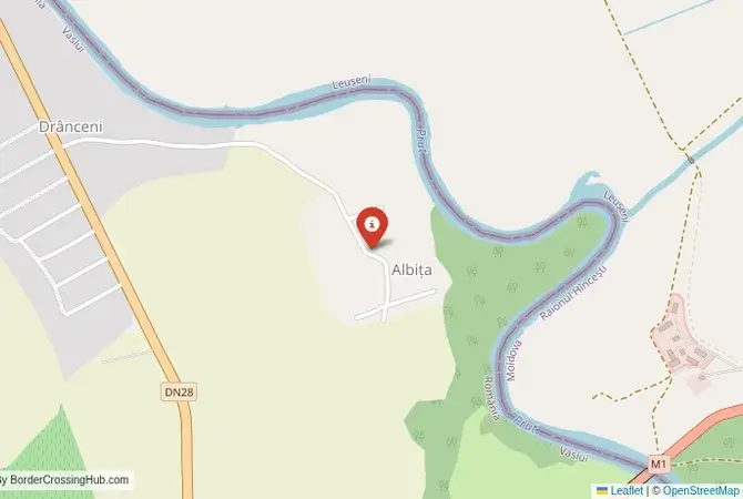 Close-up map showing a border crossing point with marker at the selected land port of entry between Moldova and Romania