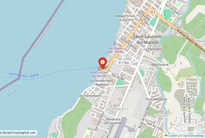 Close-up map showing a border crossing point with marker at the selected land port of entry between Suriname and French Guiana