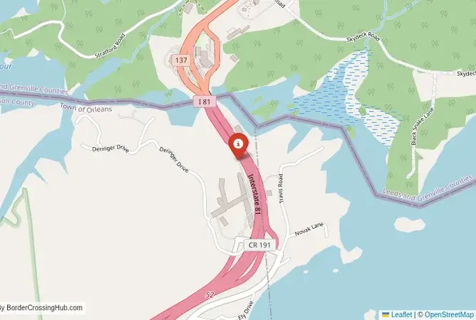 Close-up map showing a border crossing point with marker at the selected land port of entry between United States and Canada