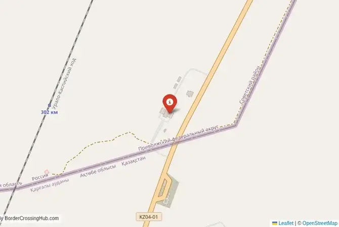 Close-up map showing a border crossing point with marker at the selected land port of entry between Kazakhstan and Russia
