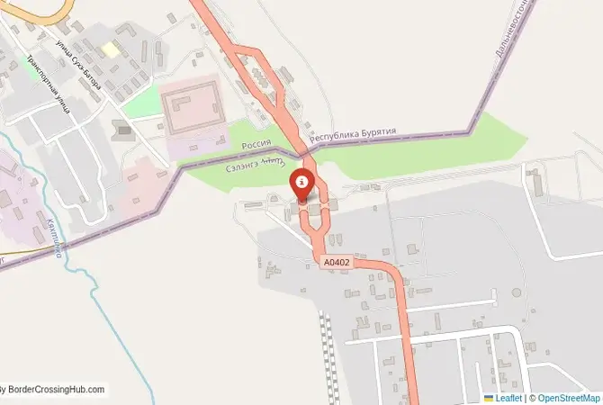 Close-up map showing a border crossing point with marker at the selected land port of entry between Mongolia and Russia