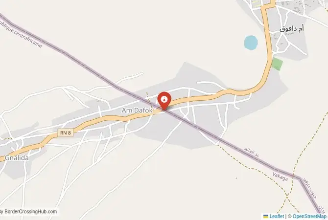 Close-up map showing a border crossing point with marker at the selected land port of entry between Sudan and Central African Republic