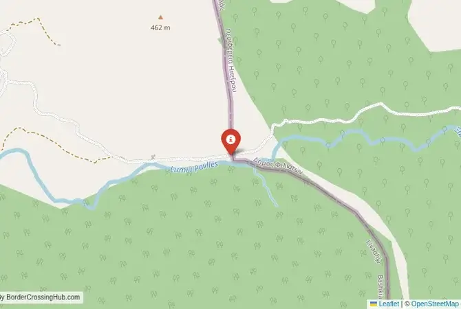 Close-up map showing a border crossing point with marker at the selected land port of entry between Albania and Greece