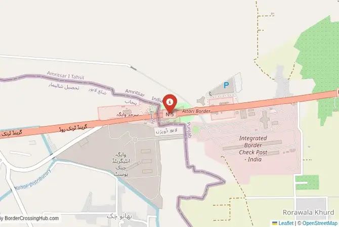 Close-up map showing a border crossing point with marker at the selected land port of entry between India and Pakistan
