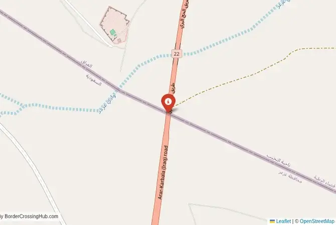 Close-up map showing a border crossing point with marker at the selected land port of entry between Iraq and Saudi Arabia