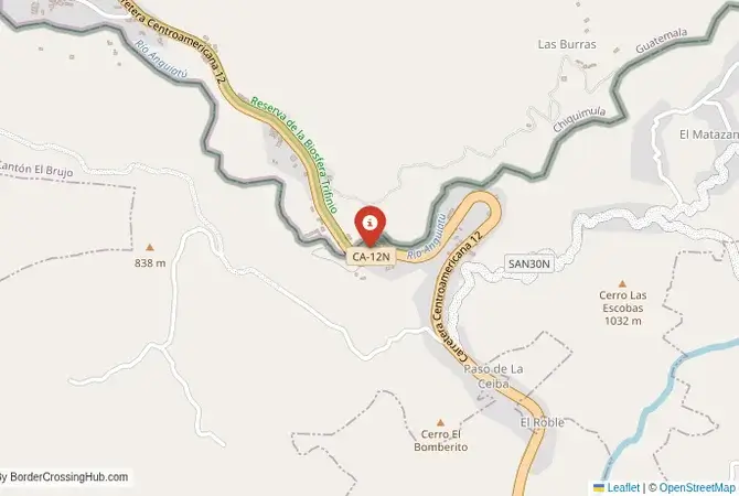 Close-up map showing a border crossing point with marker at the selected land port of entry between Guatemala and El Salvador