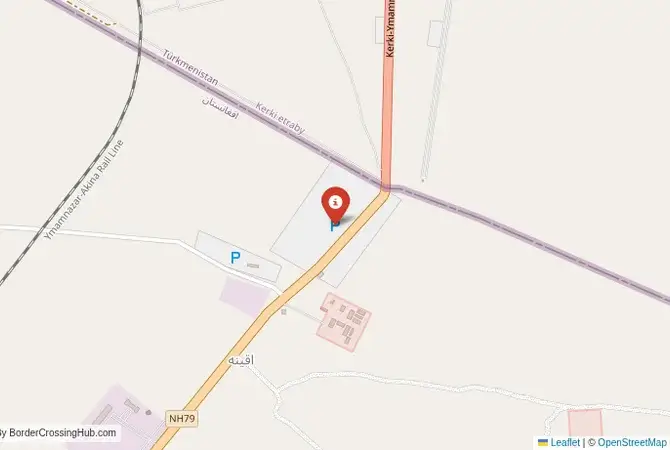 Close-up map showing a border crossing point with marker at the selected land port of entry between Turkmenistan and Afghanistan