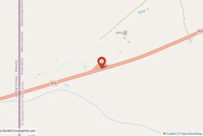 Close-up map showing a border crossing point with marker at the selected land port of entry between Namibia and South Africa