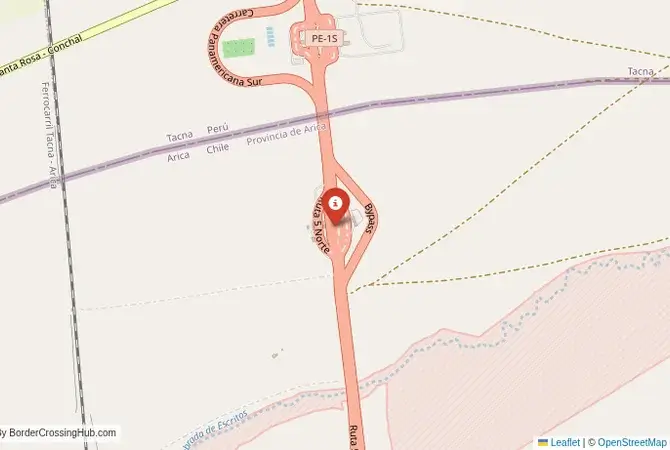Close-up map showing a border crossing point with marker at the selected land port of entry between Chile and Peru