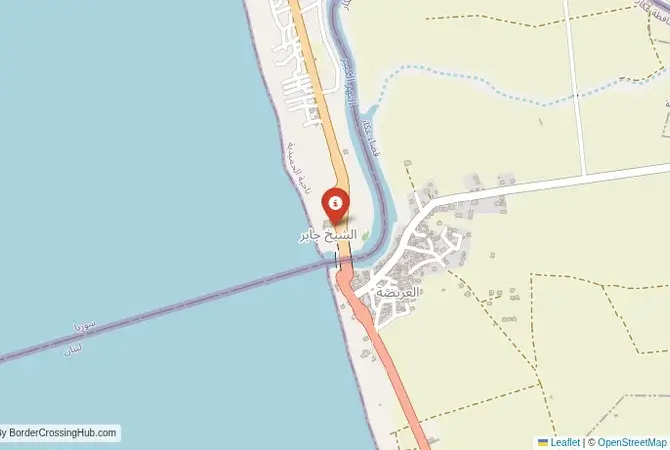 Close-up map showing a border crossing point with marker at the selected land port of entry between Lebanon and Syria