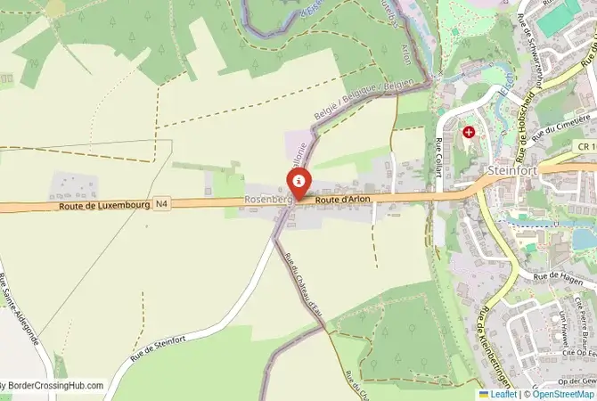 Close-up map showing a border crossing point with marker at the selected land port of entry between Belgium and Luxembourg