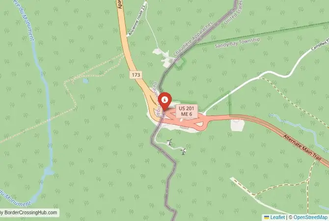 Close-up map showing a border crossing point with marker at the selected land port of entry between United States and Canada