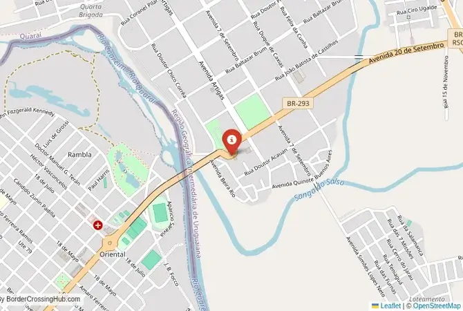 Close-up map showing a border crossing point with marker at the selected land port of entry between Brazil and Uruguay