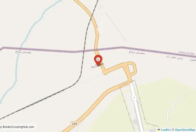 Close-up map showing a border crossing point with marker at the selected land port of entry between Iran and Turkmenistan