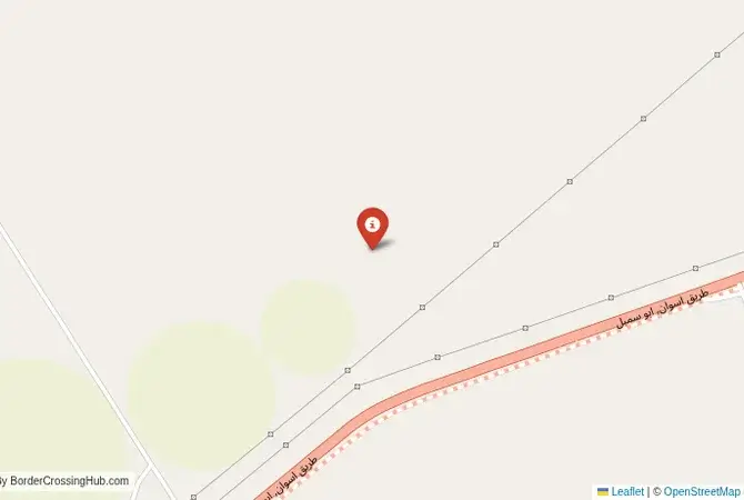 Close-up map showing a border crossing point with marker at the selected land port of entry between Sudan and Egypt