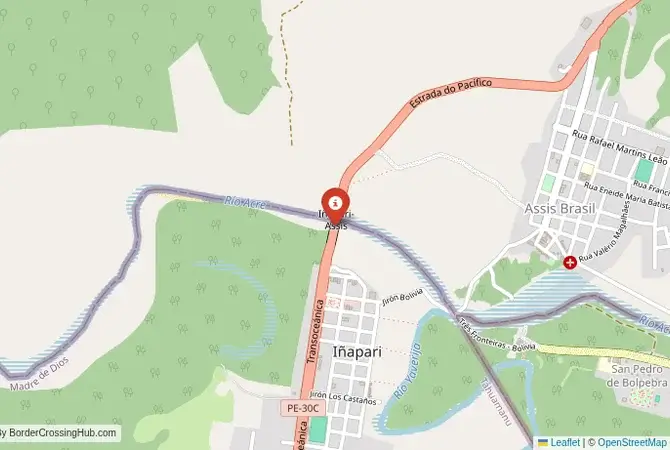 Close-up map showing a border crossing point with marker at the selected land port of entry between Brazil and Peru