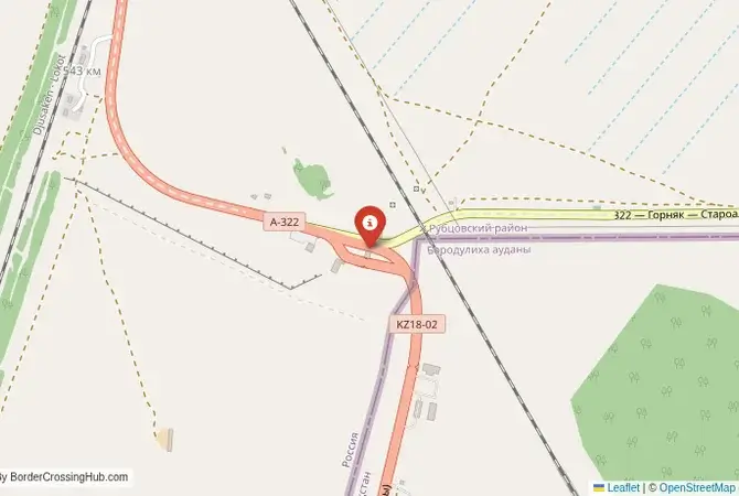 Close-up map showing a border crossing point with marker at the selected land port of entry between Kazakhstan and Russia