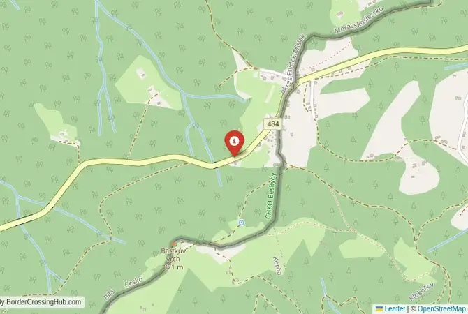 Close-up map showing a border crossing point with marker at the selected land port of entry between Slovakia and Czechia