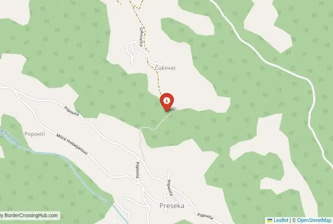 Close-up map showing a border crossing point with marker at the selected land port of entry between Kosovo and Serbia