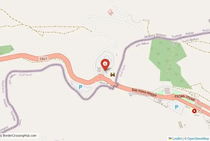 Close-up map showing a border crossing point with marker at the selected land port of entry between Syria and Turkey