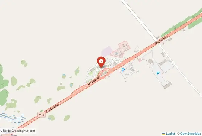 Close-up map showing a border crossing point with marker at the selected land port of entry between Ukraine and Russia