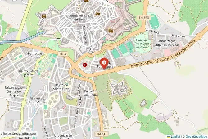Close-up map showing a border crossing point with marker at the selected land port of entry between Spain and Portugal