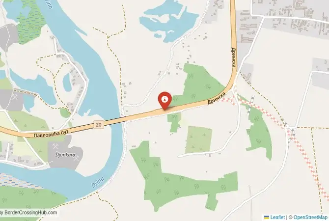 Close-up map showing a border crossing point with marker at the selected land port of entry between Bosnia and Herzegovina and Serbia